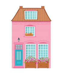 cute pink brick house with brown tiled roof. isolated three story building with flower pots, lantern