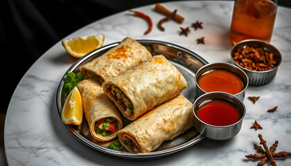 Delicious wraps served with sauces and garnished with lemon, perfect for meal!