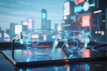 Futuristic smart glasses with holographic display showcase cutting-edge technology in an urban night setting, blending innovation and modern design.