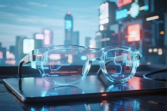 Futuristic smart glasses with holographic display showcase cutting-edge technology in an urban night setting, blending innovation and modern design.