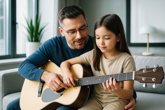 Father teaching daughter to play acoustic guitar together in cozy living room filled with natural light, bonding over music and learning together. Ai generative - Powered by Adobe