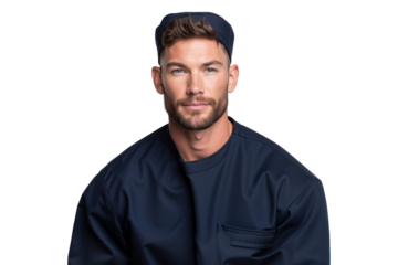 Handsome young sailor in a navy blue uniform and cap, looking directly at the camera with a confident expression