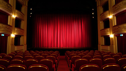 Grand Theater Interior with Red Velvet Curtain and Plush Seating Offering a Glimpse into the World of Performing Arts Ready for the Show to Begin
