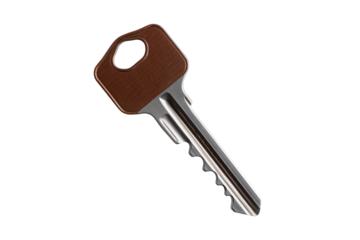 Modern key with a brown textured head and a silver blade, isolated on transparent background