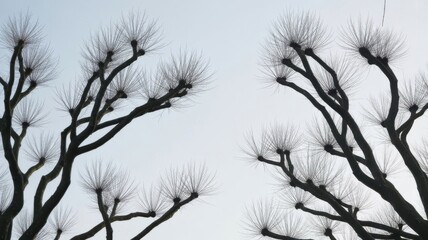 Silhouettes of pollarded trees against a pale sky