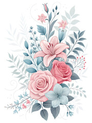 Bouquet of roses with butterflies in a decorative floral background design