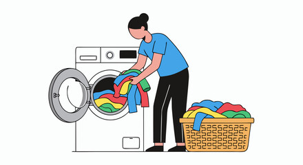 Woman doing laundry at home, placing clothing into washing machine, lifestyle illustration scene with basket full of clothes 50 characters, maximum