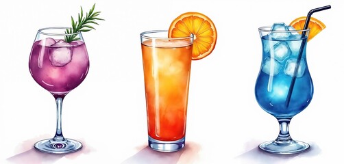 Three watercolor cocktails, purple, orange, blue, with ice, lemon, orange slice, rosemary garnish. Refreshing drinks, ideal for summer parties, bar menus, celebrating special occasions. Stylish