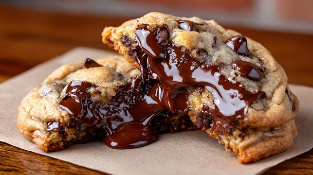 Two chocolate chip cookies with melted chocolate.