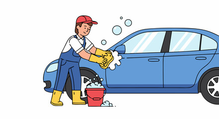 Illustration showcasing a diligent worker thoroughly washing a blue car with foamy soap and a sponge adding a touch of sparkle and gleam to the