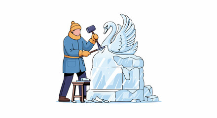 Obraz premium Ice sculpture artistry: A skilled craftsman creating a swan from a block of ice, demonstrating precision and artistry in cold winter craftsmanship