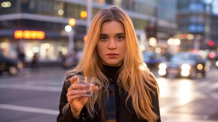 Young woman holding glass in city street at dusk with blurred lights isolated on white background