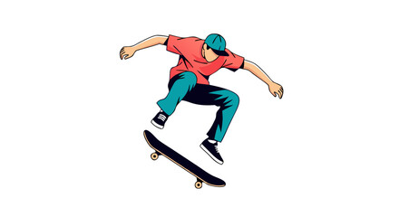 Energetic Skateboarder Illustration Displaying High-Flying Acrobatics and Street Style Prowess, Perfect for Urban Art and Youth Culture Depictions