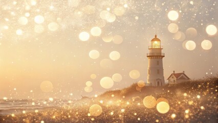 Magical coastal lighthouse bathed in golden bokeh and starlight, guiding ships safely home at dusk.