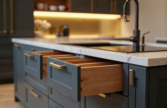 Modern kitchen cabinets feature sophisticated grey finish with elegant gold hardware, marble countertops. Open drawers reveal natural wood interiors, offering blend of classic, contemporary design