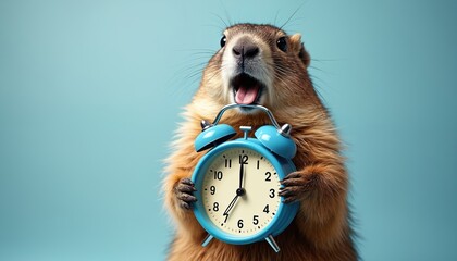 Groundhog holds bright blue alarm clock with open mouth, looking surprised. Fuzzy mammal, groundhog day theme, suggests morning wake up, time for study, work, exams, interviews, meetings, business,