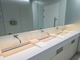 Long row of modern bathroom sinks with mirrors in bright white public restroom facility