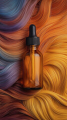 Naklejka premium Small amber glass dropper bottle with black cap placed colorful hair strands, suggesting hair dye or hair treatment product, vibrant and appealing