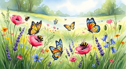 Watercolor Painting Butterflies And Bees