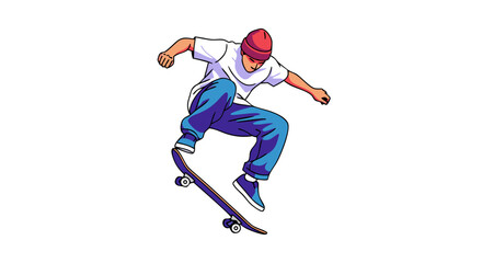 Obraz premium Dynamic Skateboarder Illustration Performing Aerial Trick with Vibrant Colors and Clean Lines Creating a Bold and Energetic