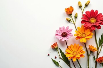 Crisp white backdrop, assorted dried flowers, vibrant colors , photography, craft