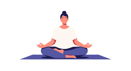 Flat vector illustration depicting a woman in a serene meditative pose against a plain background showcasing wellness and relaxation
