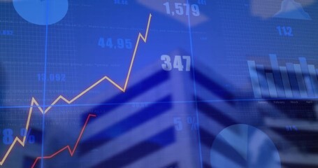 Financial bar chart loading over office facade starting lines climbing and updating monthly data - Powered by Adobe