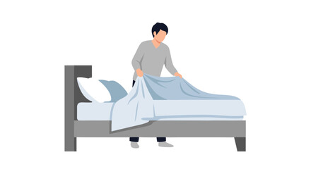 Man spreading fresh blue sheets on modern grey bed in room, creating a calming atmosphere for sleep and relaxation, illustrating bedtime routine and