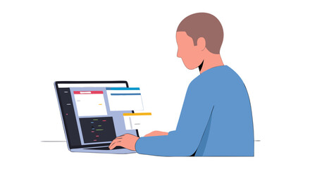 Illustration depicting focused coder at laptop with various windows, showcasing software development or web design tasks in a modern workspace setting