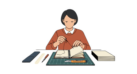 Person crafting a handmade book with needle, thread, and crafting tools, showcasing the meticulous process of bookbinding and artisanal craftsmanship