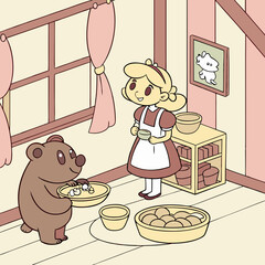 Highly detailed, photo realistic, Goldilocks and The Three Bears, Fairy Kei fashion