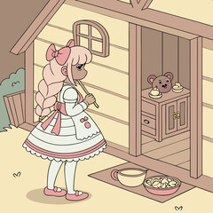 Highly detailed, photo realistic, Goldilocks and The Three Bears, Fairy Kei fashion