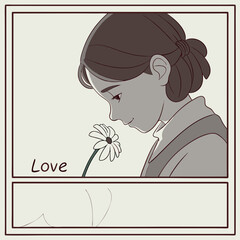 Incomplete, haphazard line scribble, ephemeral clean outline art, with scribble handwritten _love_, girl holding a flower, clip art