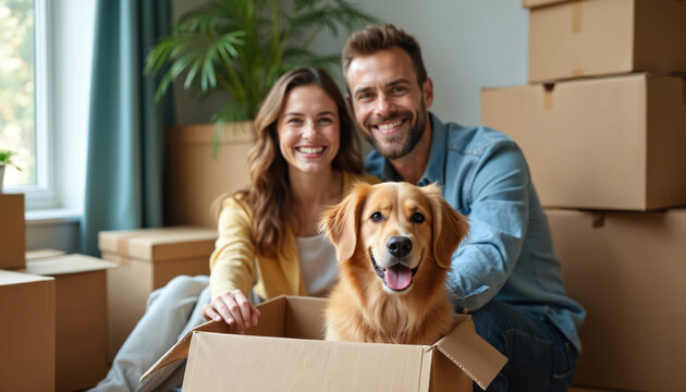 Happy family with golden retriever dog in cardboard box surrounded by moving boxes. Couple embraces pet during relocation to new house. Domestic animal enjoys new home, comfort, happiness, change.