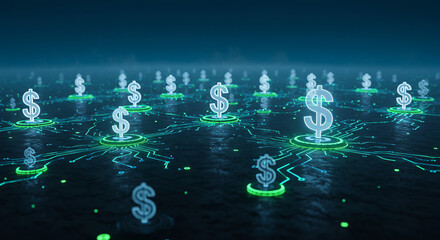Digital dollar signs connected by glowing green lines, representing a network of financial transactions.