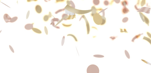 Elegant confetti background with gold and beige pieces falling on white. Perfect for celebrations, parties, and festive designs.