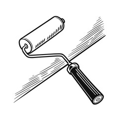 Vector outline of a paint roller tool on a wall surface. Black and white line art graphic for renovation and decorating concepts.