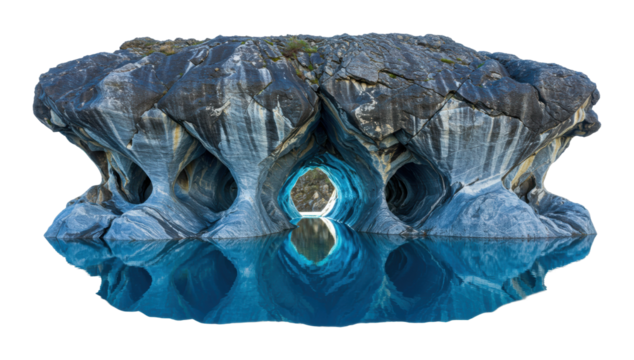 Exploring the marble caves chile stunning rock formations reflected in crystal clear waters. Cut out png