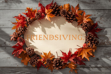 Rustic autumn wreath with friendsgiving message on wooden background