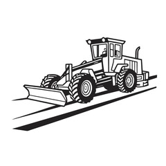 Simple black and white outline illustration of a road grader machine. Heavy construction equipment depicted with bold black lines on a white background.
