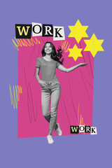 Poster image collage of person demonstrate stars under workd work with stars over purple background