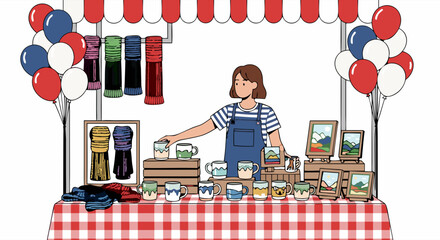 Illustrative depiction of a craft fair booth with a cheerful vendor displaying handmade wares, evoking a sense of community and artistic expression