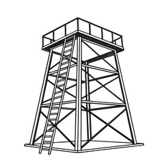 Black and white outline illustration of a steel observation tower with scaffolding and an access ladder.