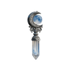 Celestial Crystal Wand Ornate Crescent Moon and Quartz Point Pendant