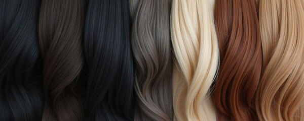 Naklejka premium Photorealistic overhead view displaying diverse hair colors, textures. Includes black, blonde, brunette, red, grey shades with straight, wavy, curly styles. Highlights natural, dyed colors, showing
