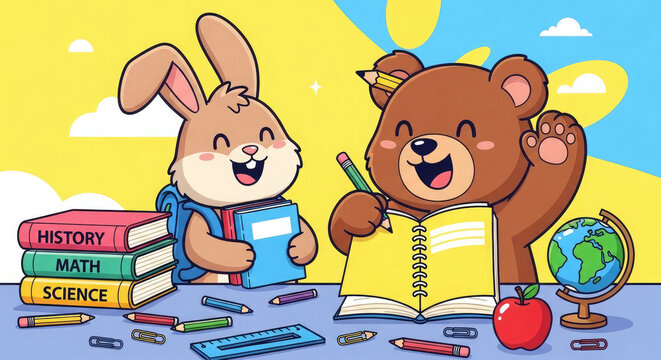 Cartoon bear and bunny studying together in a fun and educational setting