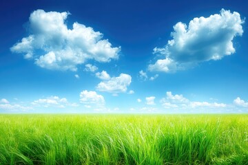 Fototapeta premium Expansive field of vibrant green grass under a vibrant blue sky with fluffy white clouds