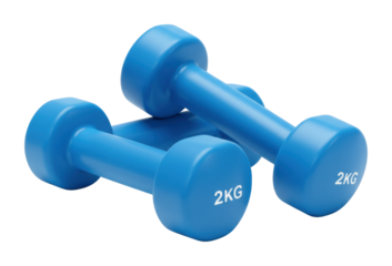 Strength training session with 2 kg dumbbells home gym fitness equipment indoor workout routine. Cut out png