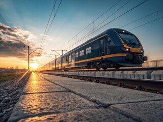 Fototapeta premium Blue yellow train traveling on tracks at sunset clouds