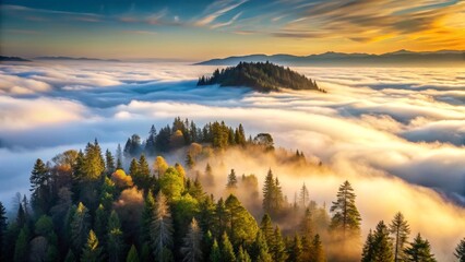 Obraz premium Stunning mountain forest emerges from golden sunrise fog creating an ethereal, tranquil, and breathtaking natural landscape vista.